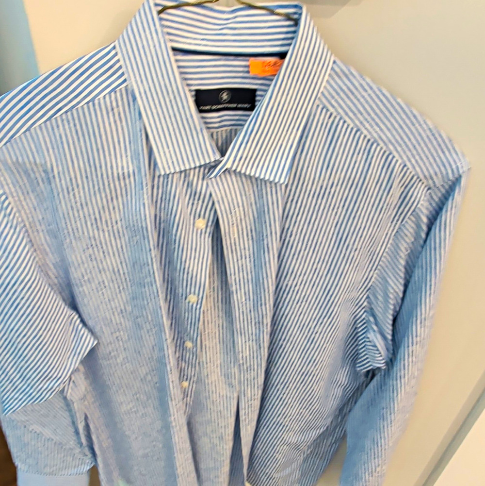 Hart Schaffner Marx Men's XL Blue/White Striped Non-Iron Cotton Shirt 34/35